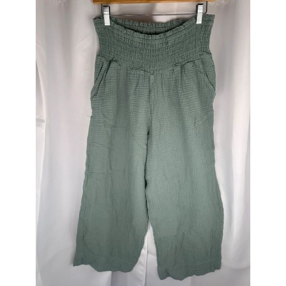 100% Cotton Gauzy Green Pull On Wide Leg Pants Elastic Waist Pockets